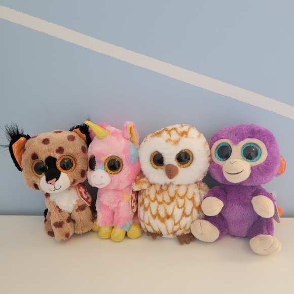 The Beanie Boo's Collection Set of 4 Unicorn Owl Cat Monkey 2015 2016 TY Beanies - Picture 2 of 16